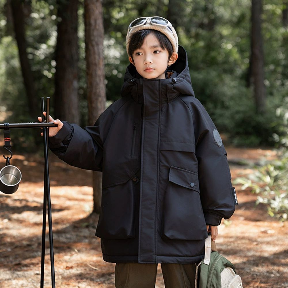 防水/防污/防風90%羽絨中長版連帽外套-黑色