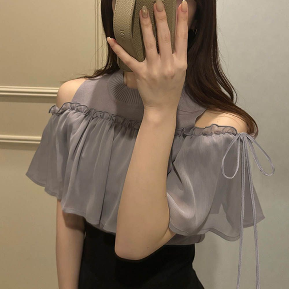 優雅荷葉拼接針織露肩短袖上衣-灰
