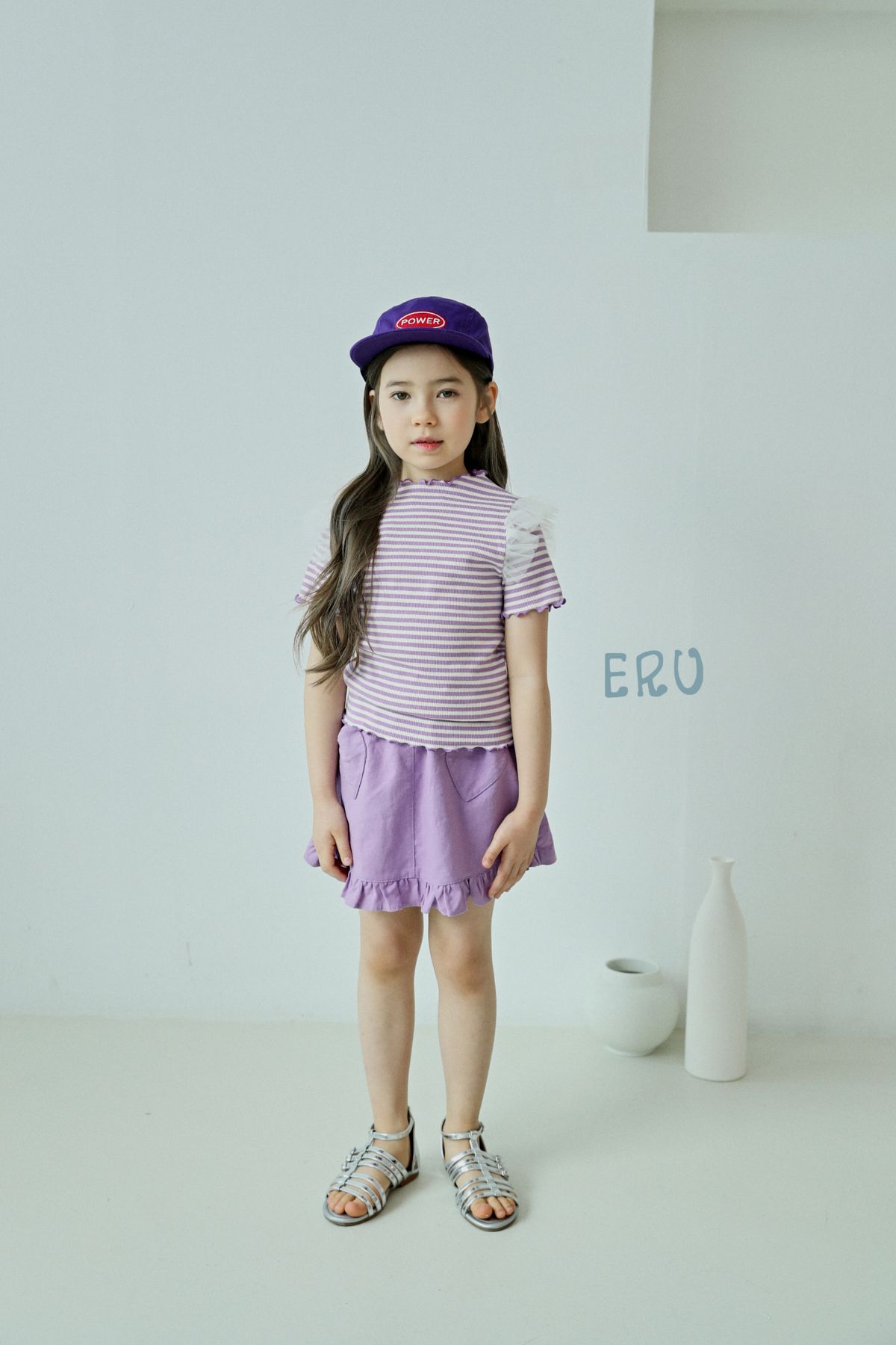 韓國 ERU - 網紗裝飾袖條紋T-青檸綠