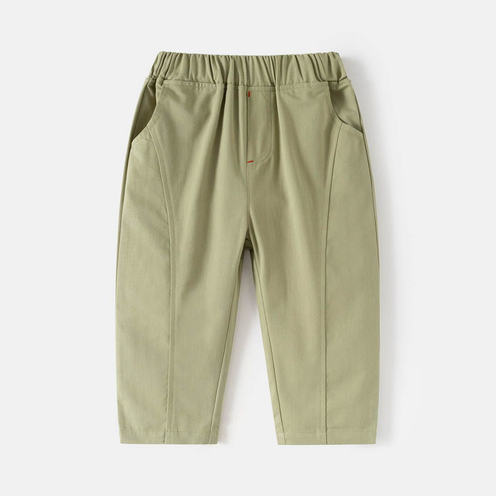 純棉腰鬆緊休閒長褲-拼接版型-綠色