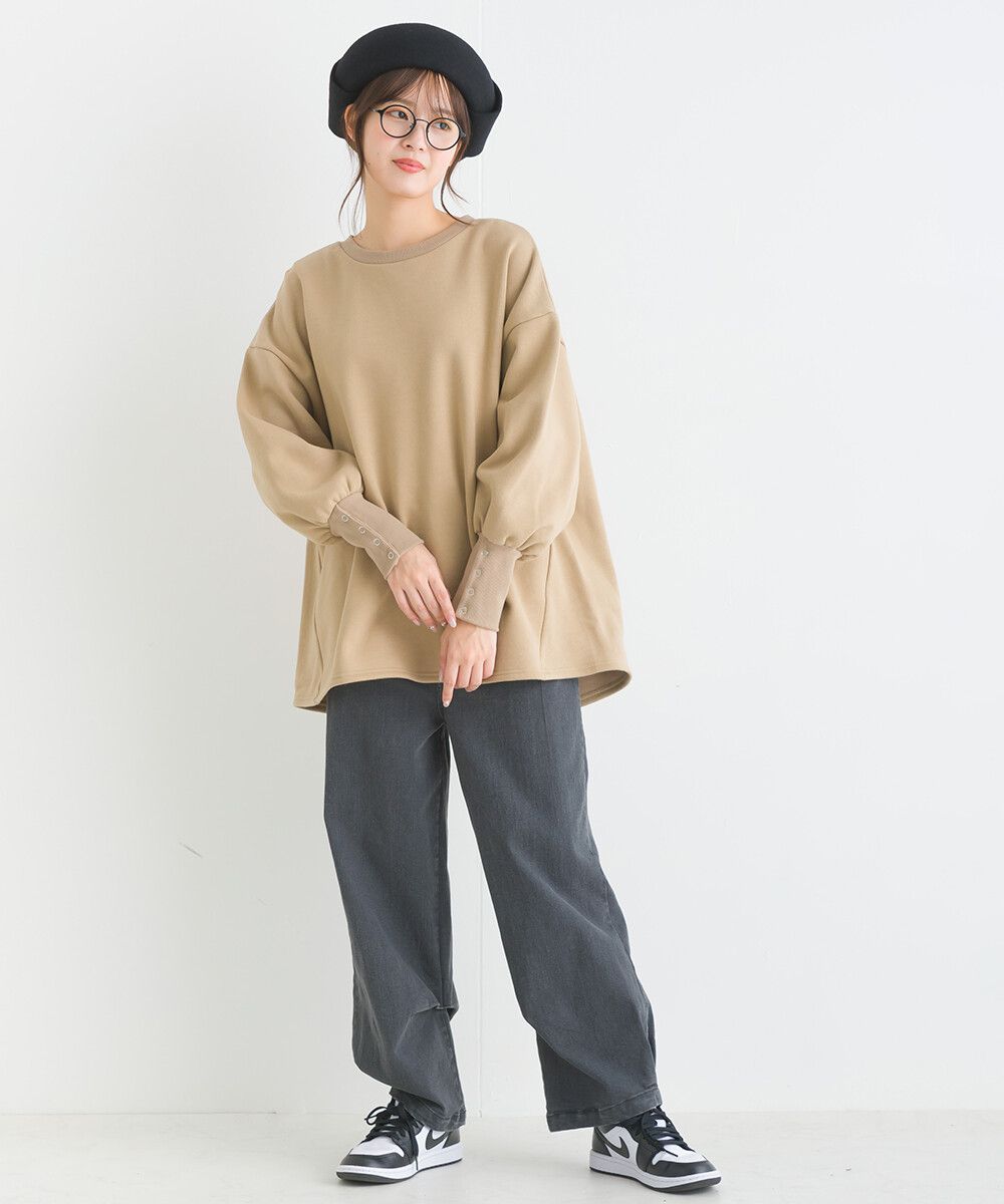 日本女裝代購 - 裏起毛典雅束口袖長袖上衣-象牙