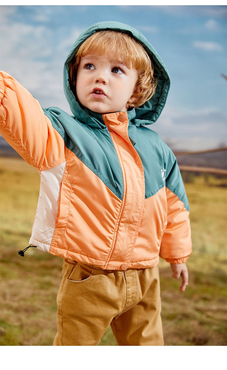 加厚連帽拼色羽絨外套-橘+綠