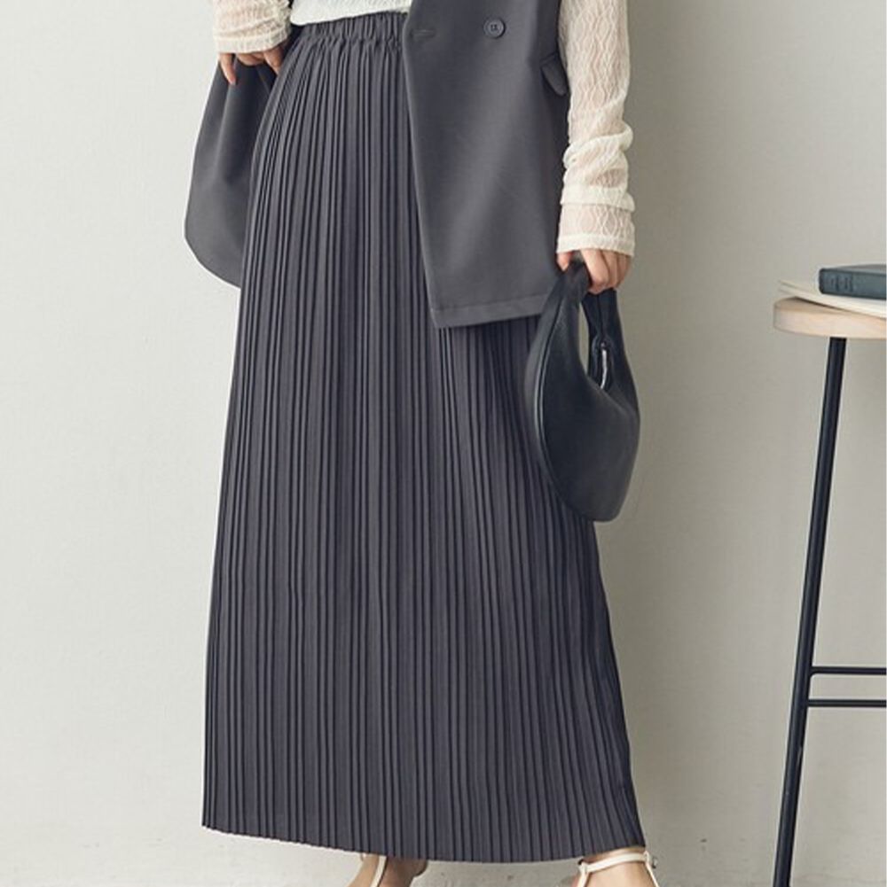 細摺搖曳優雅長裙(全腰鬆緊)-炭灰 (M)