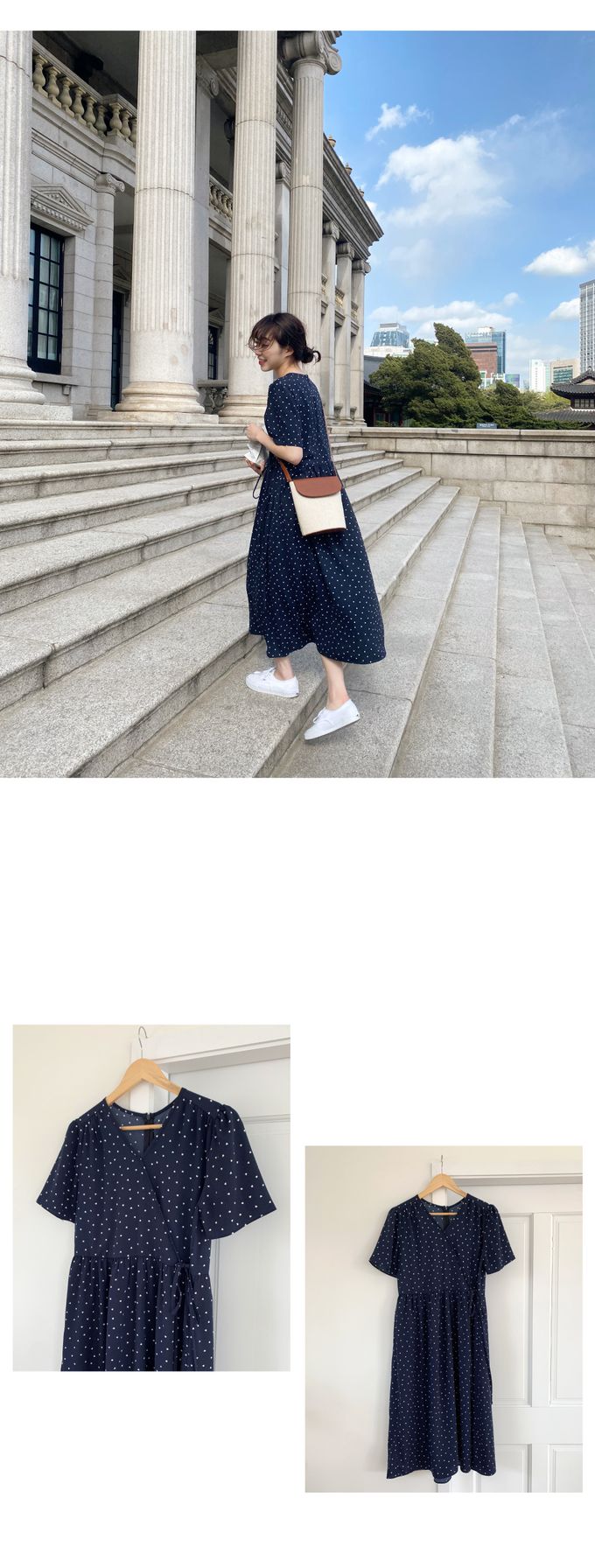 韓國 98doci - 滿版小愛心V領連身洋裝-深藍