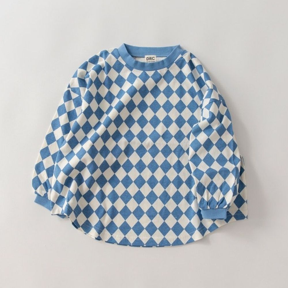 圓弧下擺舒適縮口長袖上衣-棋盤格-藍