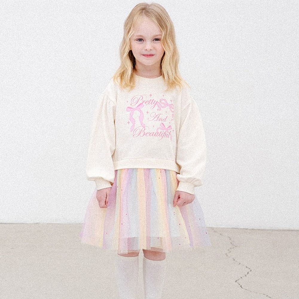 彩虹層次網紗拼接長袖洋裝-象牙白