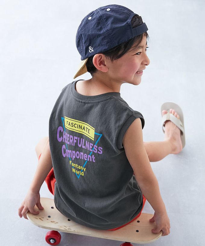 日本 devirock - 100%棉 定番印花寬版無袖上衣-背後正方形-灰黑