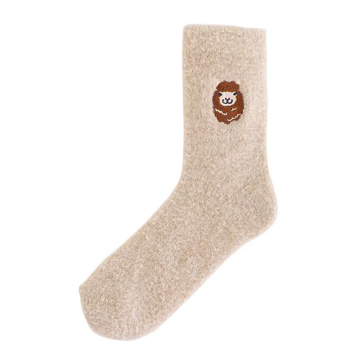 日本 TOMO - 可愛動物刺繡毛絨保暖襪-羊駝-淺米