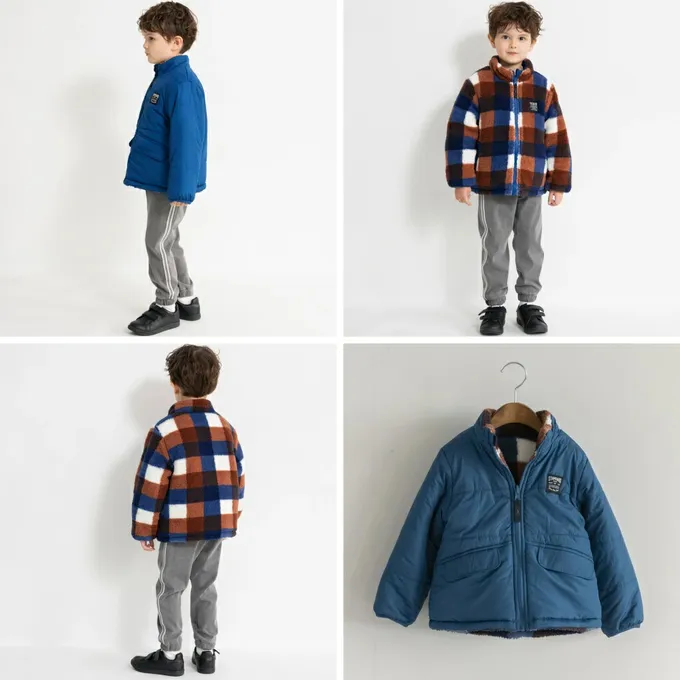 日本 BRANSHES - 2way雙面異材質保暖鋪棉外套(可機洗)-格子-寶藍