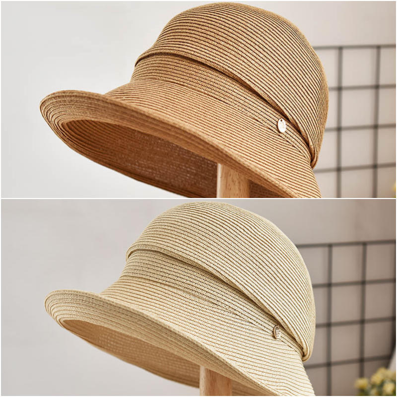 復古百搭可折疊遮陽草帽-繫帶小圓鐵片-卡其色 (57cm)