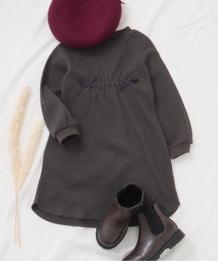 日本 apres les cours - 甜美華夫格長袖洋裝-緞帶裝飾-薄荷綠