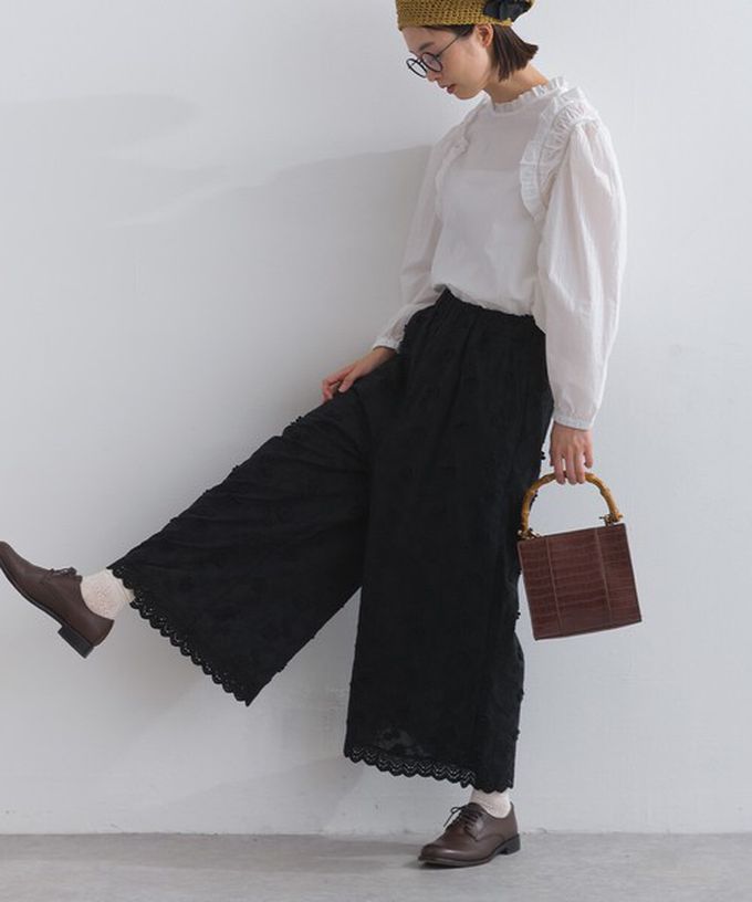 日本 Lupilien - 100%棉 奢華滿版緹花刺繡寬褲-黑