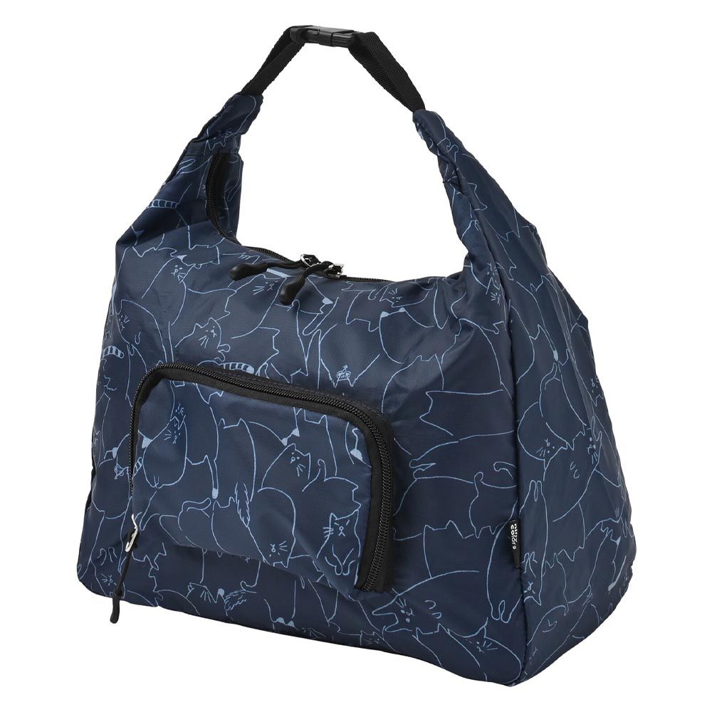 日本 nifty colors - 2WAY 可摺疊防潑水旅行袋/側背包-貓咪線條-黑 (35x32x15cm)