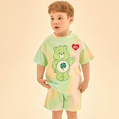 韓國 Care Bears - 聯名款大熊熊印暈染短袖套裝-幸運草綠熊-黃X綠
