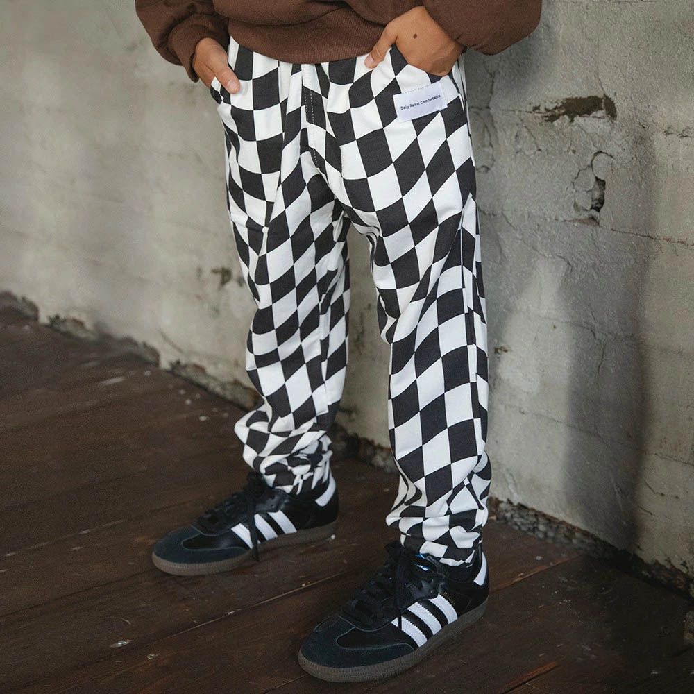 柔軟舒適百搭縮口長褲-格子-黑X白