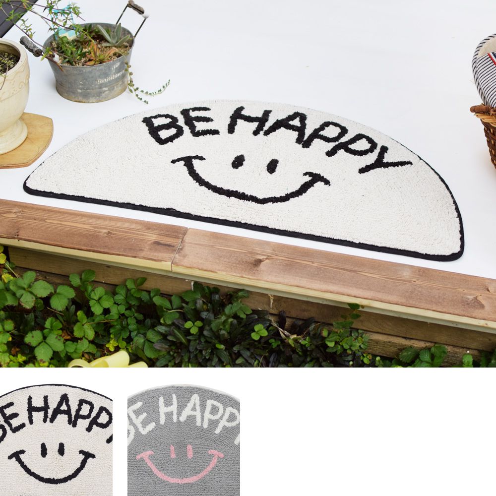 日本 TOMO - 短絨吸水印花腳踏墊/地墊-半月型微笑-粉灰 (約35×70cm)