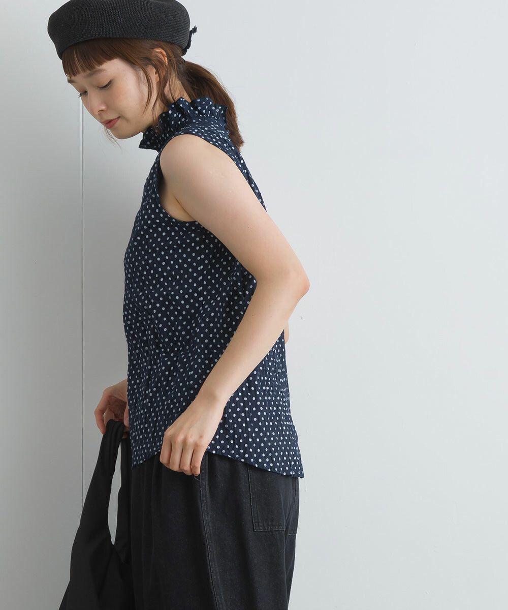 日本女裝代購 - 木耳領楊柳感無袖上衣-直條紋-深灰藍