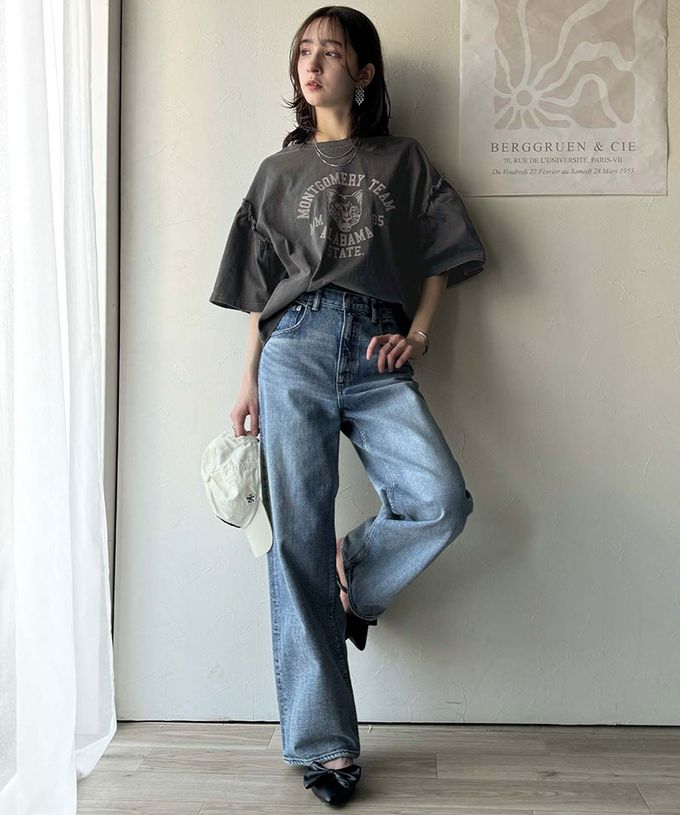 日本 Classical Elf - 貓科酷印花寬大荷葉五分袖上衣-靛藍