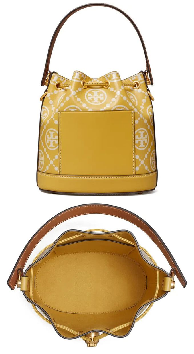 TORY BURCH - 滿版LOGO皮革斜背水桶包 (黃色)
