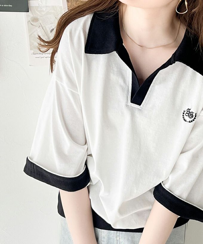 日本 Classical Elf - Java 顯瘦領率性五分袖上衣-白底黑領