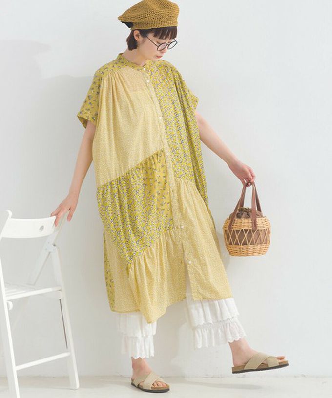 日本 Lupilien - 純棉巴里紗花朵拼布襯衫式洋裝-黃
