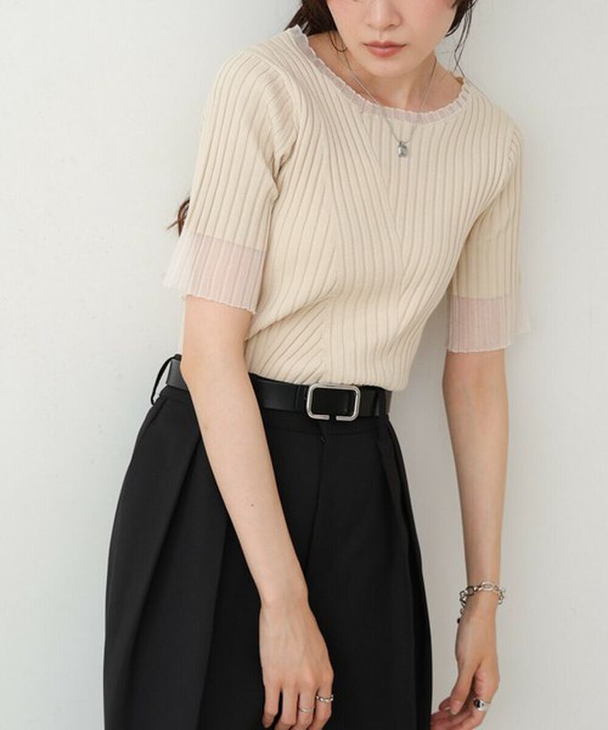 日本 Bab - 柔美異材質顯瘦羅紋五分袖上衣-炭灰