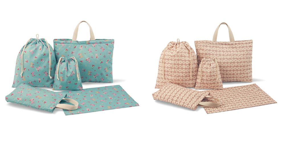 日本千趣會 - 日本製 多功能上學提袋五件組-花朵-灰粉