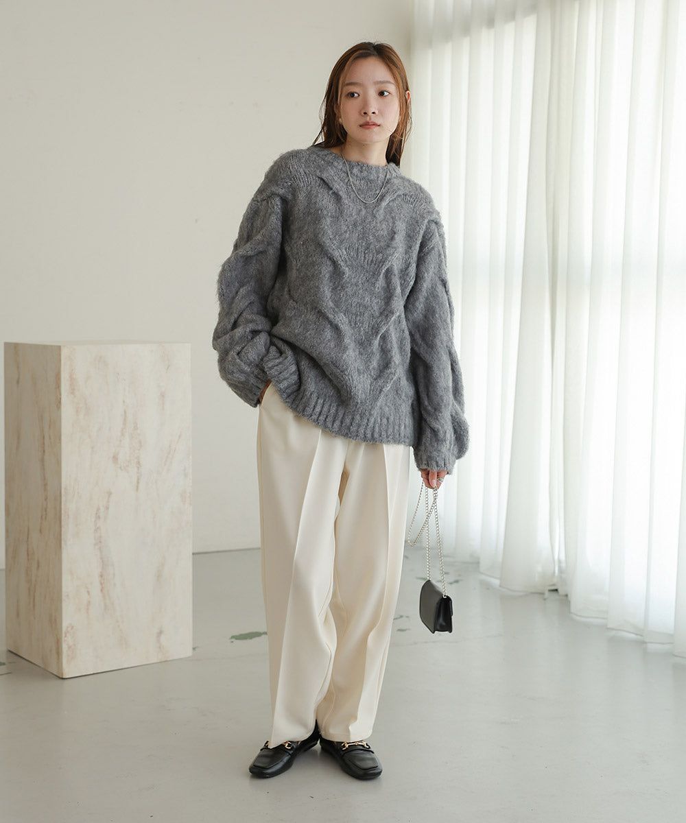 日本 Bab - 季節感立體麻花大寬袖針織上衣-深灰