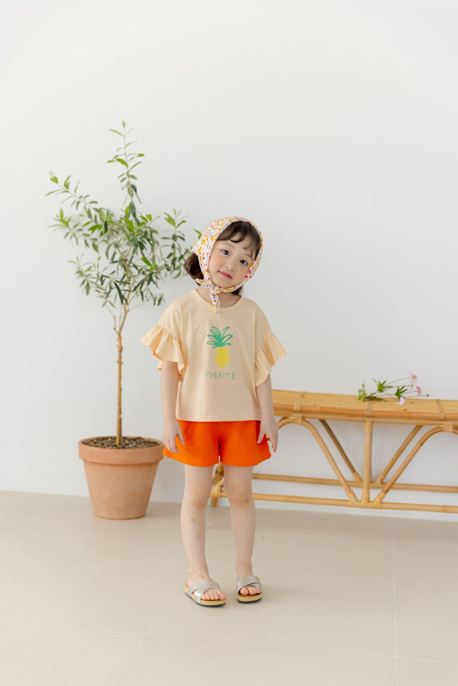 韓國 Orange Mom - 鳳梨大荷葉袖上衣-蜜桃橘