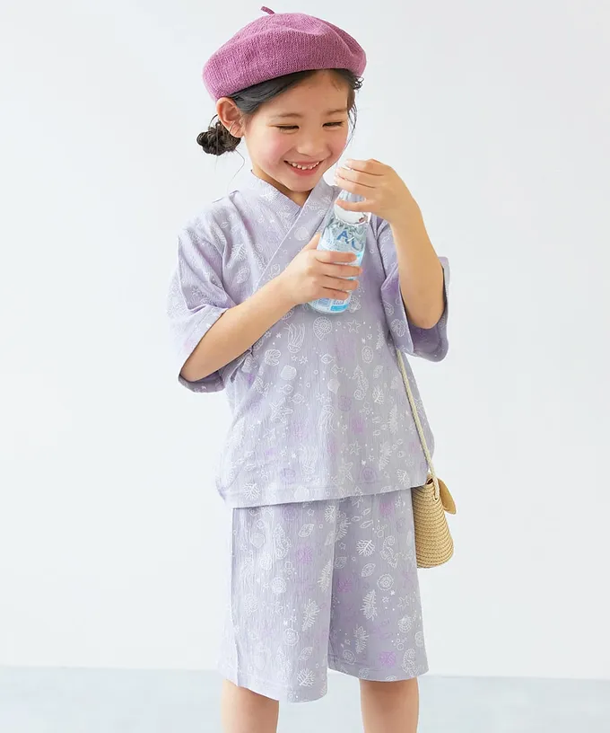 日本 devirock - 夏日風情涼爽紋理甚平套裝-煙火-海軍藍