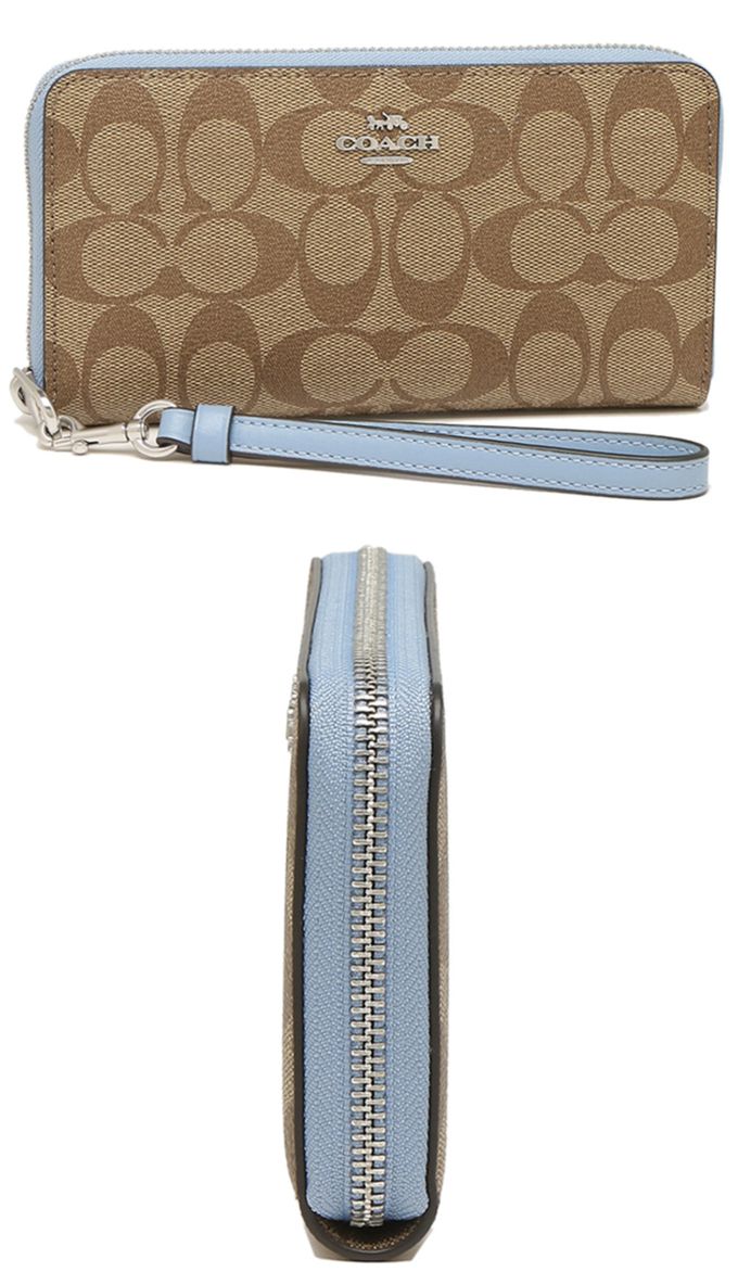 COACH - 滿版LOGO手提拉鍊長夾 (卡其淺藍)