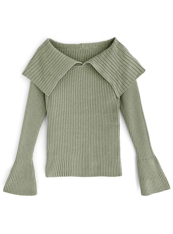 日本 GRL - 大翻領羅紋彈性薄針織上衣-奶茶 (F)