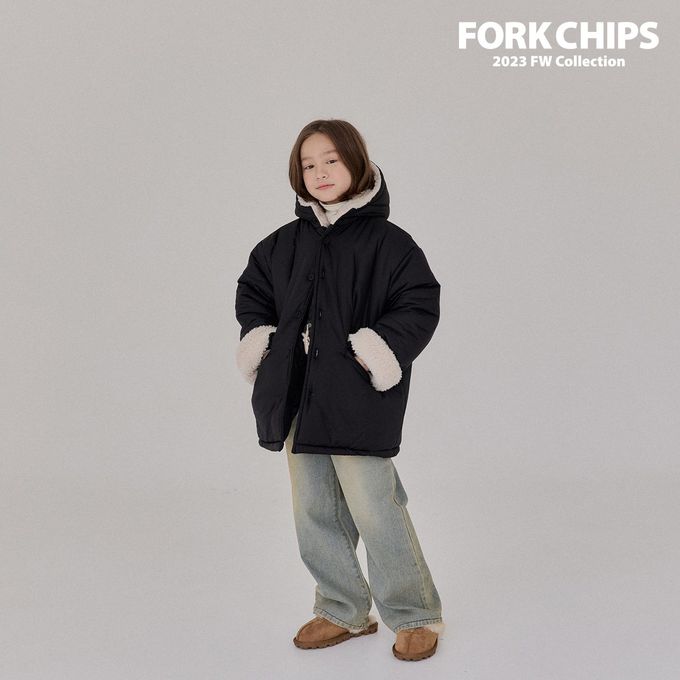 韓國 FORK CHIPS - 冬天保暖鋪棉長版連帽外套-黑
