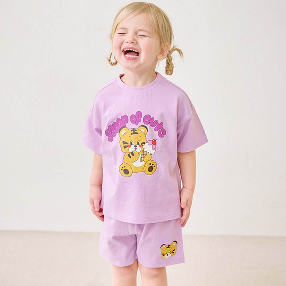 萌虎冰淇淋落肩短袖套裝-淡葡萄紫