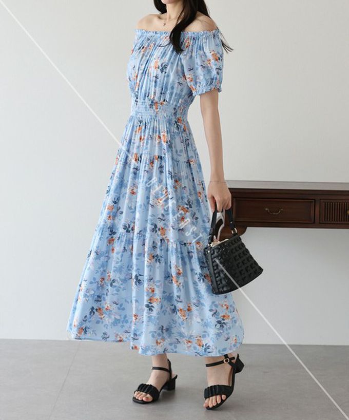 日本 BLUE EAST - 一字領2way露肩迷人短袖洋裝-典雅葉子-黑 (M)