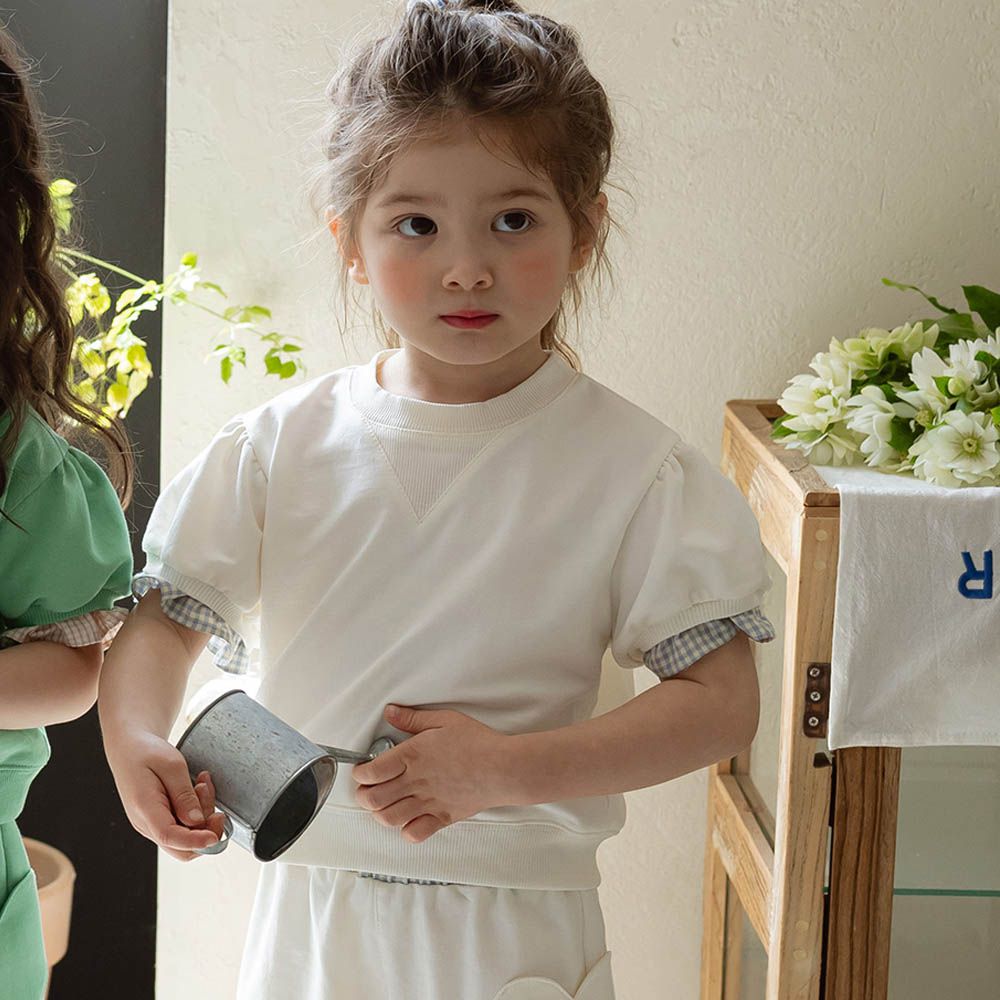 簡約格紋點綴短袖大學T-白