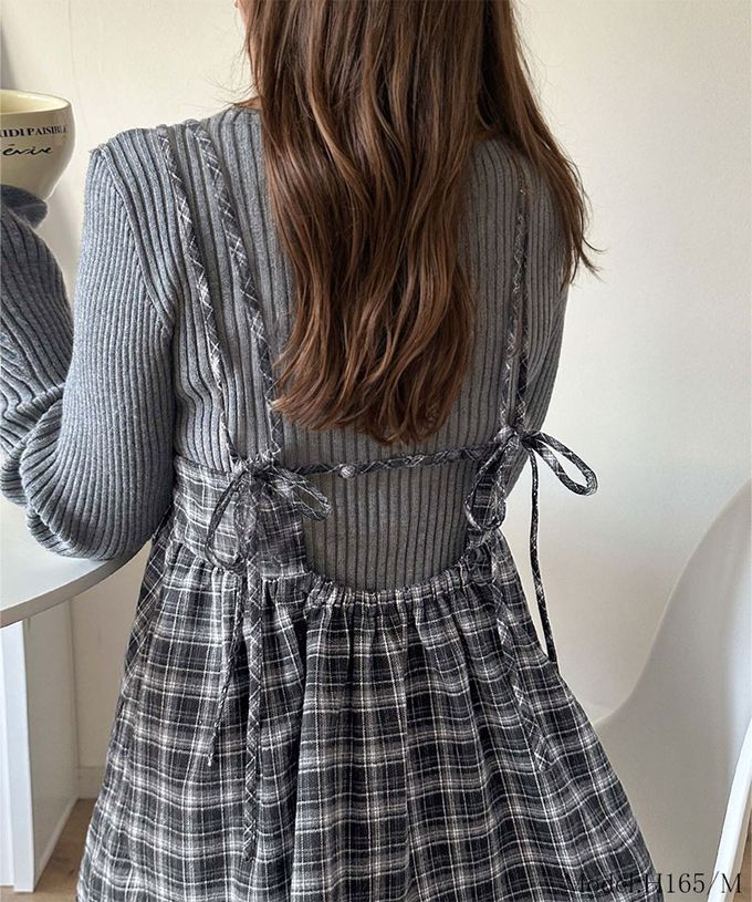 日本 Classical Elf - 學院風格紋甜美雙吊帶洋裝-咖啡