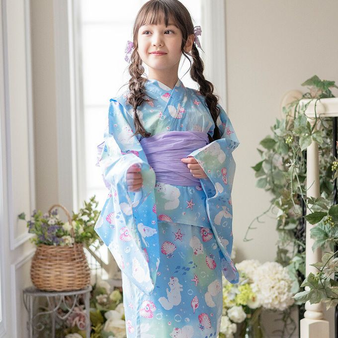日本 Catherine Cottage - 夢幻2way純棉兵兒帶浴衣(可當洋裝)-小花與貓-藍白