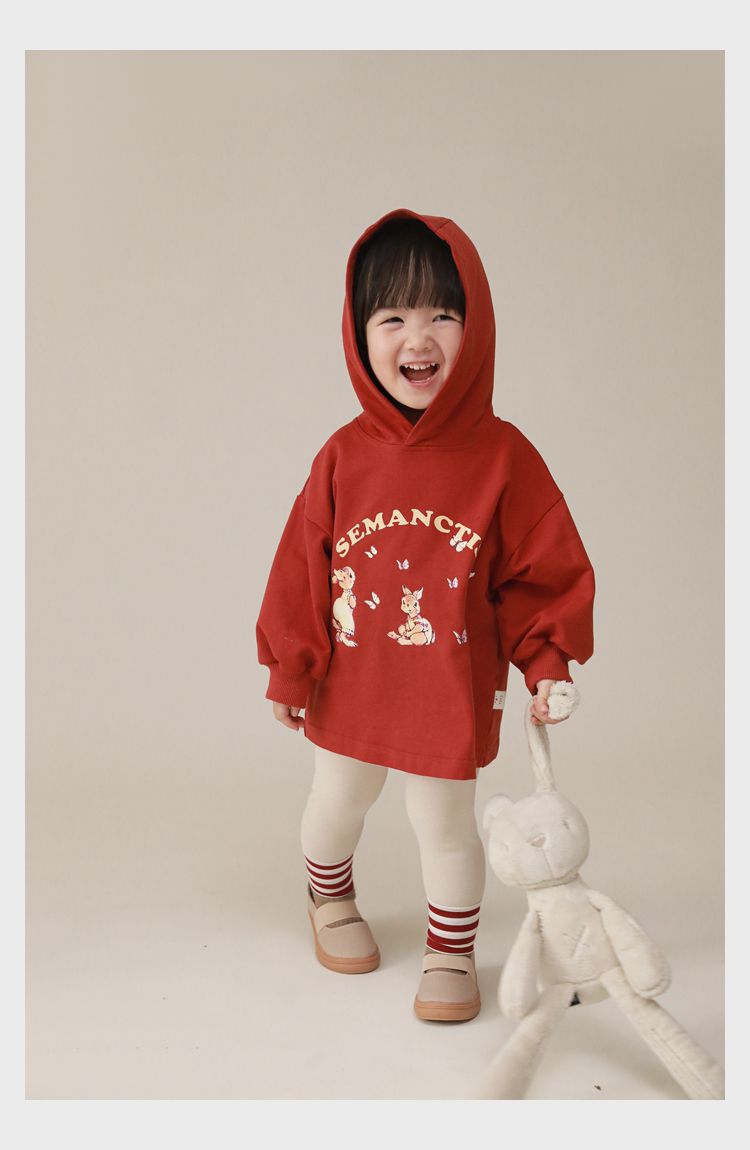 連帽寬鬆長袖帽T-可愛兔兔-紅色