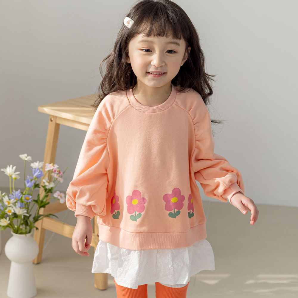 韓國 Orange Mom - 假兩件花花泡泡袖上衣-橘