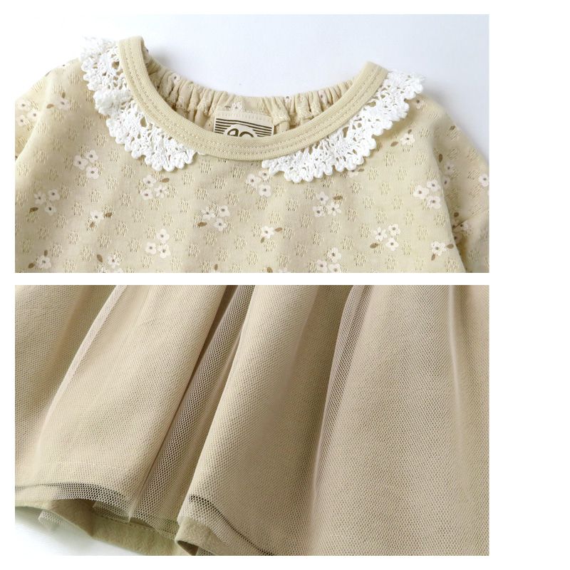 日本 ZOOLAND - 上下拼接長袖洋裝-小花薄紗-粉