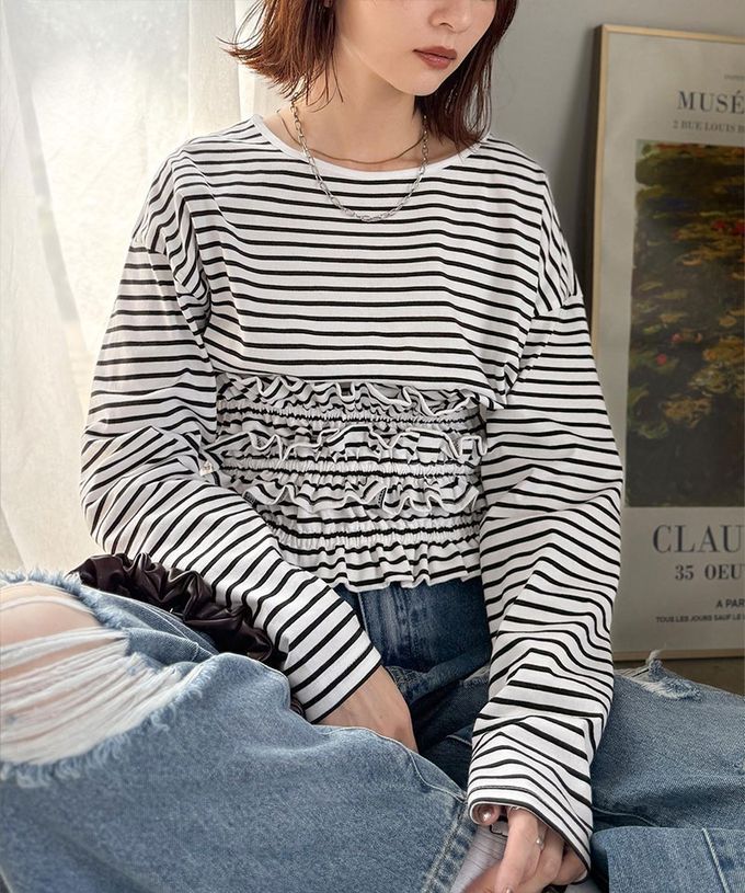 日本 Classical Elf - 時尚造型圓領長袖上衣(附荷葉腰帶)-燕麥