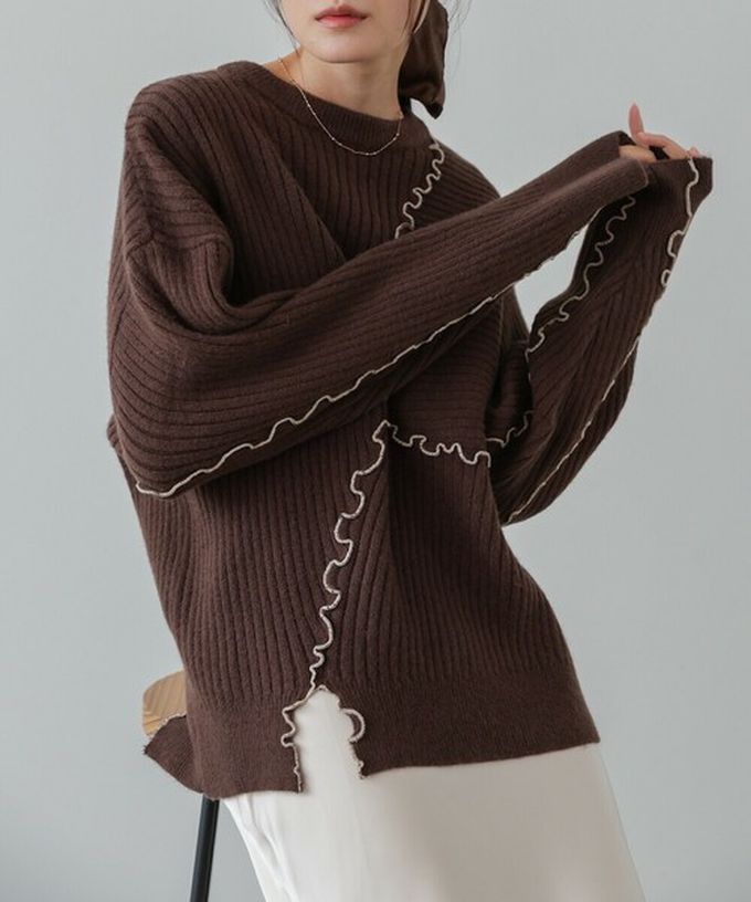 日本 Bab - 柔美曲線點綴寬鬆感針織上衣-咖啡