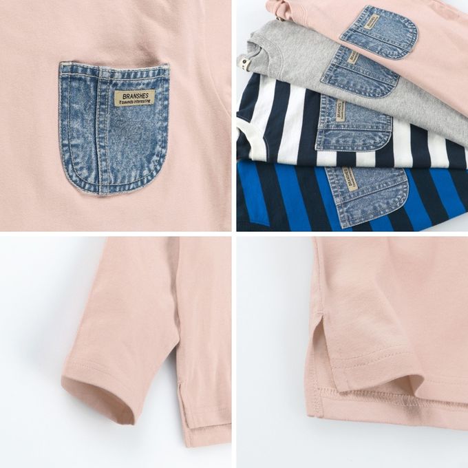 日本 BRANSHES - 帥氣丹寧口袋薄長袖上衣-條紋-藍黑