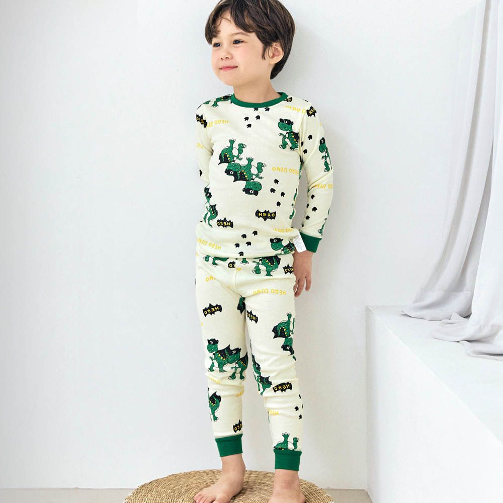 細緻柔棉彈性長袖家居服-蒙面恐龍-米黃