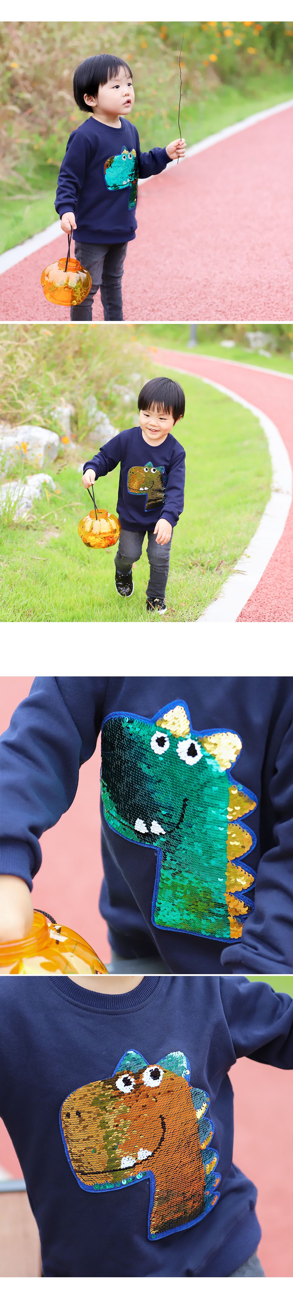 韓國 OZKIZ - 閃亮變色長袖大學T-恐龍