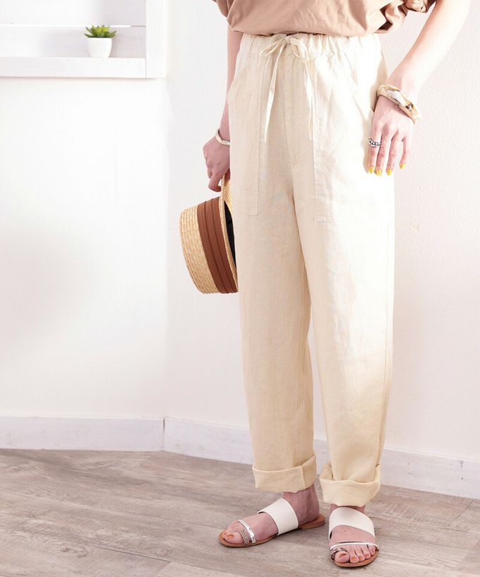 日本 Classical Elf - 100%亞麻透氣垂墜感抽繩寬褲-藍綠