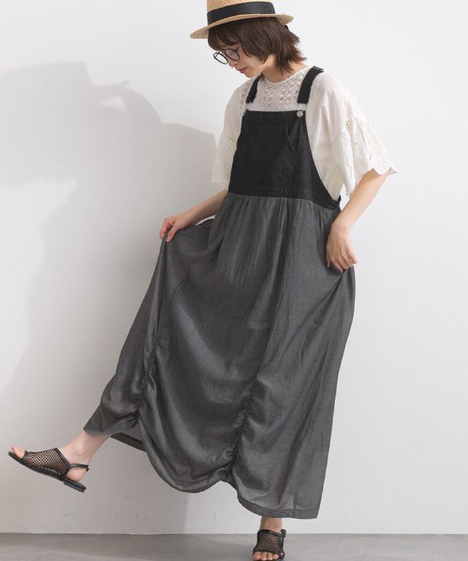 日本 Lupilien - 拼接風抽繩飄逸薄牛仔吊帶洋裝-黑灰系