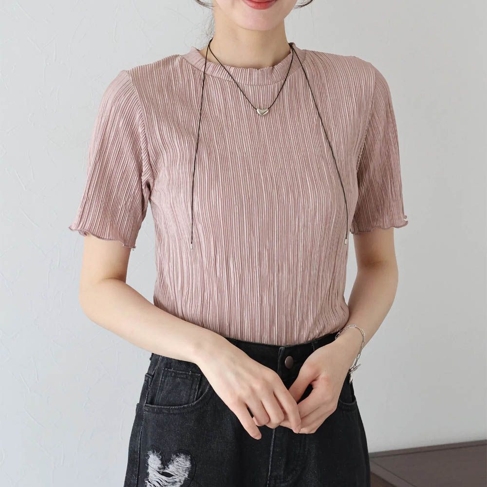 韓國製 圓領貝殼紋光澤短袖上衣-粉紅