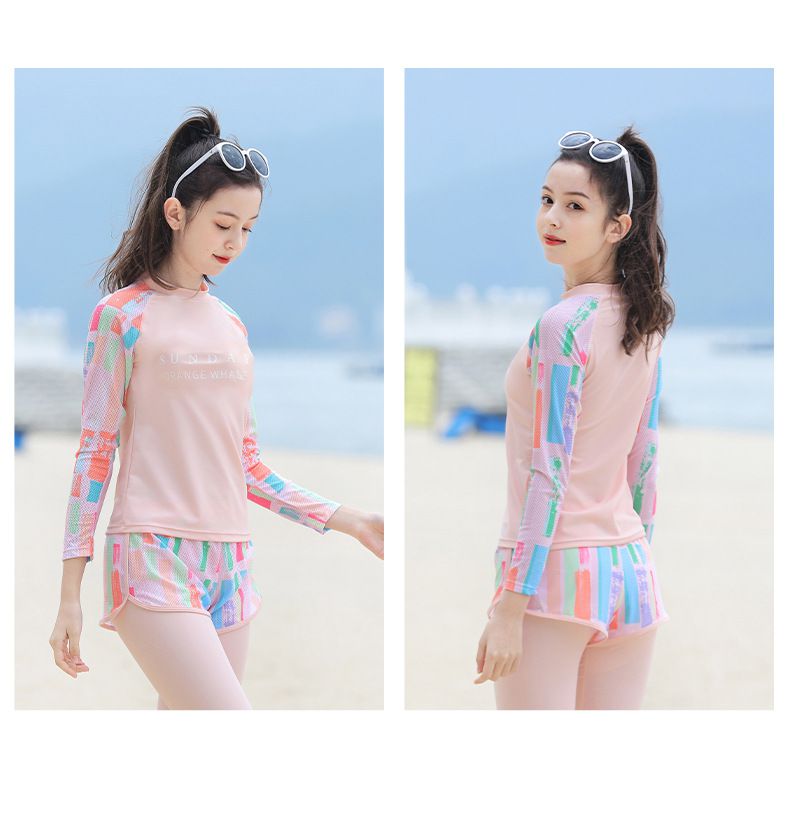 大童女孩速乾長袖泳衣套裝(三件組)-繽紛幾何-藍色-泳衣、長泳褲、短泳褲